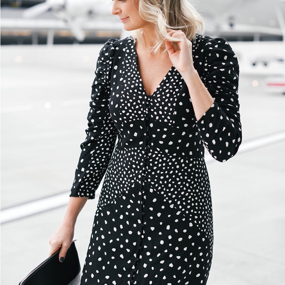 Rebecca Taylor silk polka dot print midi dress in black and white